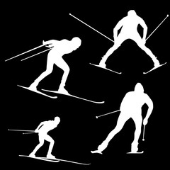 Silhouette of a skier in different poses against a black background