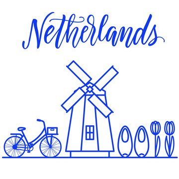 Netherlands line art illustration in delfts blue colors with windmill, bicycle, clomps and tulips.