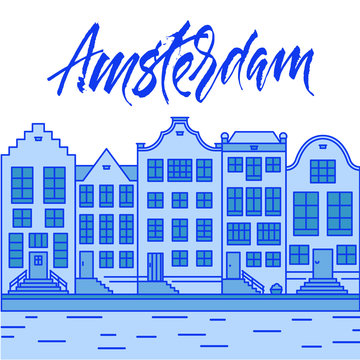 Amsterdam city Delft blue illustration with typical holland houses and canal Vol.2