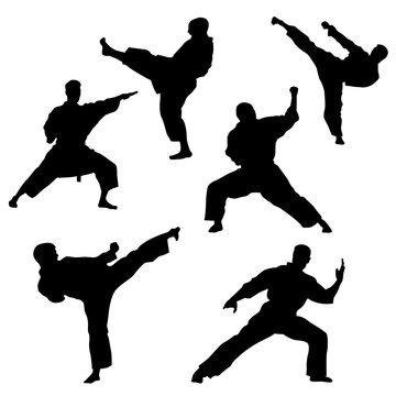 Single combats, a set of silhouettes of a karate in different poses
