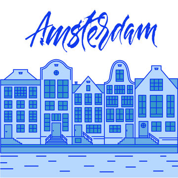 Amsterdam city Delft blue illustration with typical holland houses and canal Vol.1