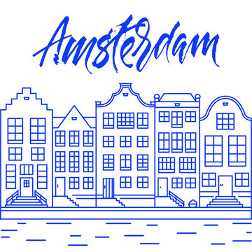 Amsterdam city line art illustration with typical holland houses and canal Vol.2
