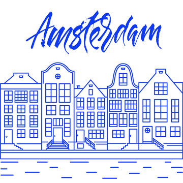 Amsterdam city line art illustration with typical holland houses and canal.