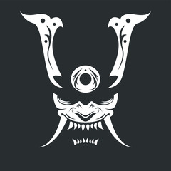 Raster drawing of a white demon samurai mask on a black background