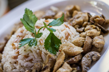 Traditional Turkish Food Rice With Meat in a Porcelain Plate
