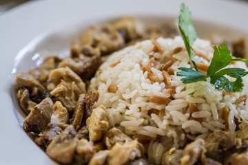 Traditional Turkish Food Rice With Meat  in a Porcelain Plate