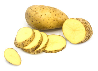 fresh organic group of potato and slice isolated on white background. for make chip potato or many food, high carbohydrate on top view