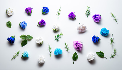 Blue and purple heads of rose flowers scattered on a white table. Flatt layout.