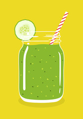 Green smoothie in mason jar with cucumber slice and swirled straw isolated on background. Fresh natural healthy green vegetable drink. Vector hand drawn illustration eps10.