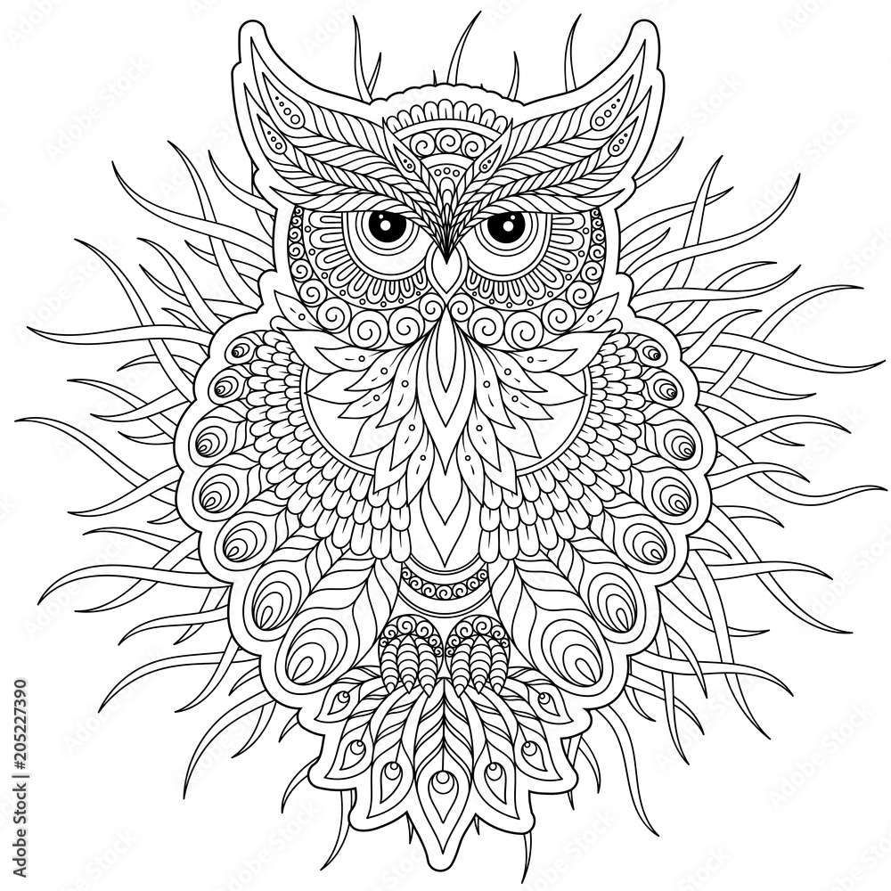 Poster  Coloring page with cute owl and floral frame.