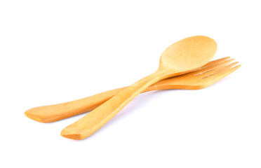 fork and spoon wood on white background