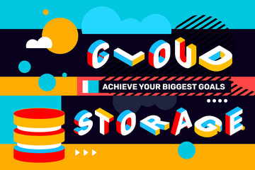 Fototapeta premium Cloud storage concept on bright color background with abstract element. Vector creative horizontal illustration of 3d word lettering typography