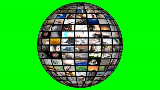 4K Animation of video sphere with media streaming. Hromakey background