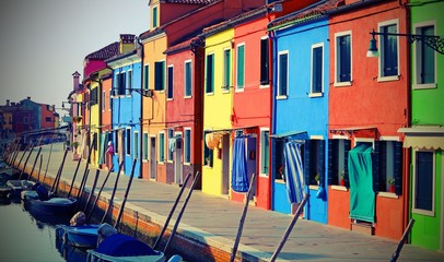 colorful houses of the island of Burano  with vintage old effect