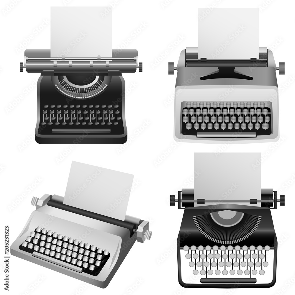 Poster typewriter machine keys old mockup set. realistic illustration of 4 typewriter machine keys old mock