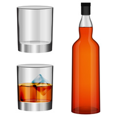 Whisky bottle glass imockup set. Realistic illustration of 3 whisky bottle glass vector mockups for web