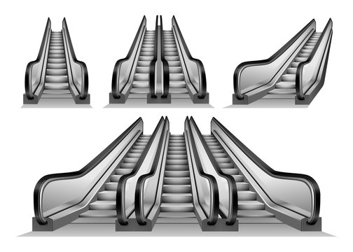 Escalator Elevator Stairs Lift Mockup Set. Realistic Illustration Of 4 Escalator Elevator Stairs Lift Mockups For Web