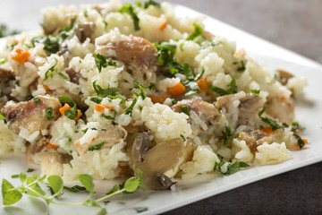 Rice with chicken meat and mushrooms, herbs and other vegetables on plate - top view