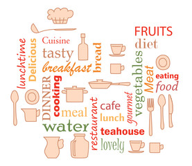 colorful vector - word collage for kitchen with kitchenware items