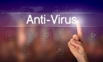 A hand selecting a Anti-Virus business concept on a clear screen with a colorful blurred background.