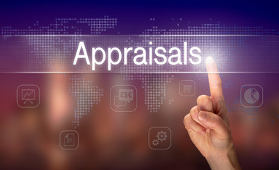 A hand selecting a Appraisals business concept on a clear screen with a colorful blurred background.