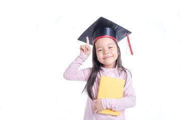 Happy Asian school kid graduate in graduation cap