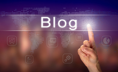 A hand selecting a Blog business concept on a clear screen with a colorful blurred background.