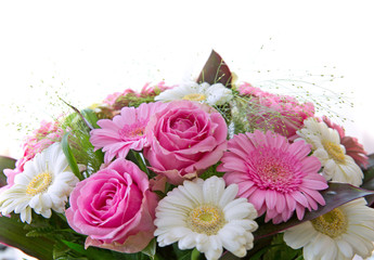 Bouquet of roses and gerbera flowers isolated on white background. Close Up.