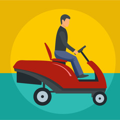 Man at grass cutting machine icon. Flat illustration of man at grass cutting machine vector icon for web design