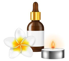 Obraz na płótnie Canvas Aromatherapy illustration with a frangipani flower, a bottle of essential oil and a candle. Vector illustration.