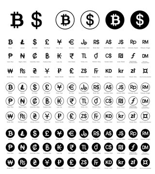 Currency, crypto currency all types of money symbols, coins, currencies rounded circle vector illustration line symbols set, collection