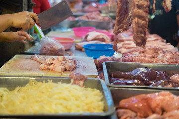 Fresh raw meat, sliced pork at the morning market