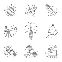 Space vector icons set, outline style.