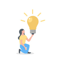 Vector illustration of a woman holding a big light bulb, idea, creative process