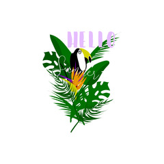 Cute hand drawn vector Summer illustration with surf board with tropical floral texture on pastel blue ocean background and grunge brush stroke textures. Hello tropical Summer