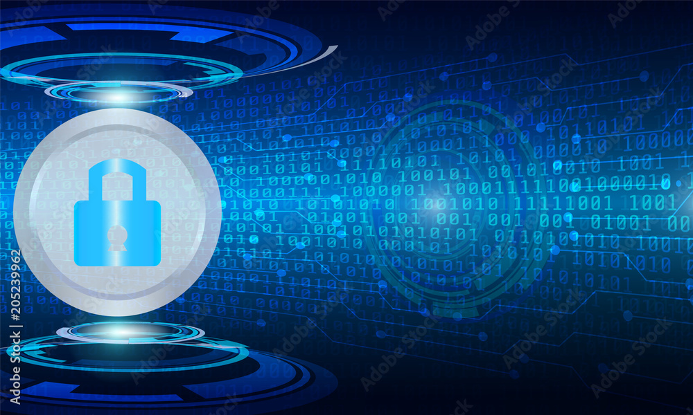 Poster Hi Technology Sci fi Cyber Security Concept Vector Background. Abstract Blue Padlock On Gray Gradient Circle Panel With Digital Binary Number Code And Circuit Board Illustration
