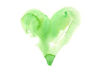 Green watercolor heart on white background, hand painted