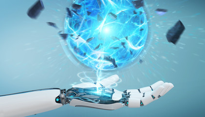 White robot hand creating energy ball 3D rendering