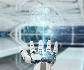 White cyborg hand using planet Earth interface 3D rendering
