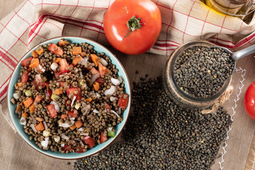 appetizing lentil salad with tomatoes and onions