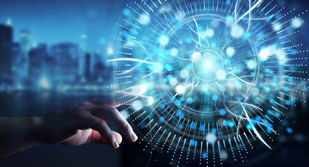 Businessman using digital eye surveillance hologram 3D rendering