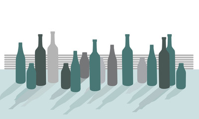 Set of vector silhouettes of bottles on desk with shadows, isolated on white background