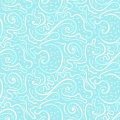 Abstract blue marine hand drawn swirls and lines seamless pattern. Naive sea and waves texture for textile, wrapping paper, cover, surface, background, wallpaper