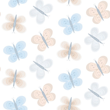 Tender seamless pattern with cute blue and pink butterflies. Gentle light color baby kids texture with butterfly for textile, wrapping paper, background, surface, cover, web design