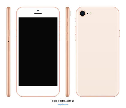smartphone mockup in gold color with blank screen front, back and side on white background. stock vector illustration eps10