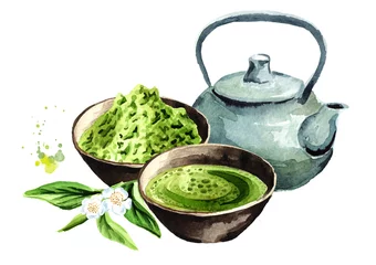 Foto op Aluminium Organic Green Matcha Tea ceremony. Watercolor hand drawn illustration,  isolated on white background © dariaustiugova