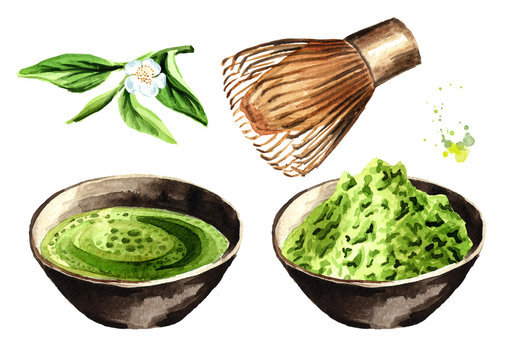 Organic green Matcha tea set. Watercolor hand drawn illustration,  isolated on  white background
