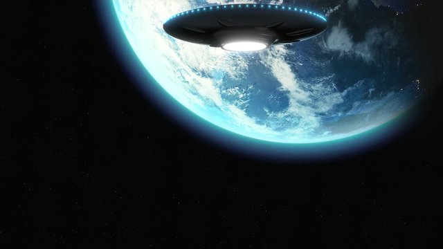 UFO Alien Cinematic invasion over earth, hundreds of metallic flying saucers/ space ships, moving toward earth 24fps - 3D animation 4K & HD menacing shot.