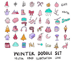 Hand drawn Sketch doodle vector line color icons collection of Winter element icon set on white background eps10