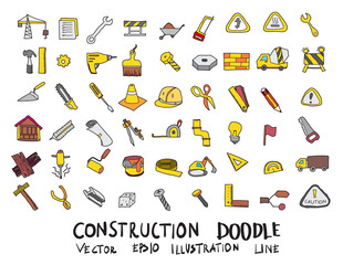 Hand drawn Sketch doodle vector line color icons collection of  Construction icon set on white background eps10